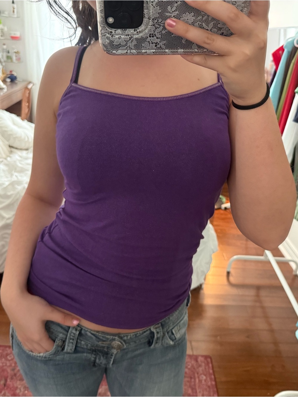 Purple Spaghetti Strap Tank Top with adjustable straps and gliterry finish